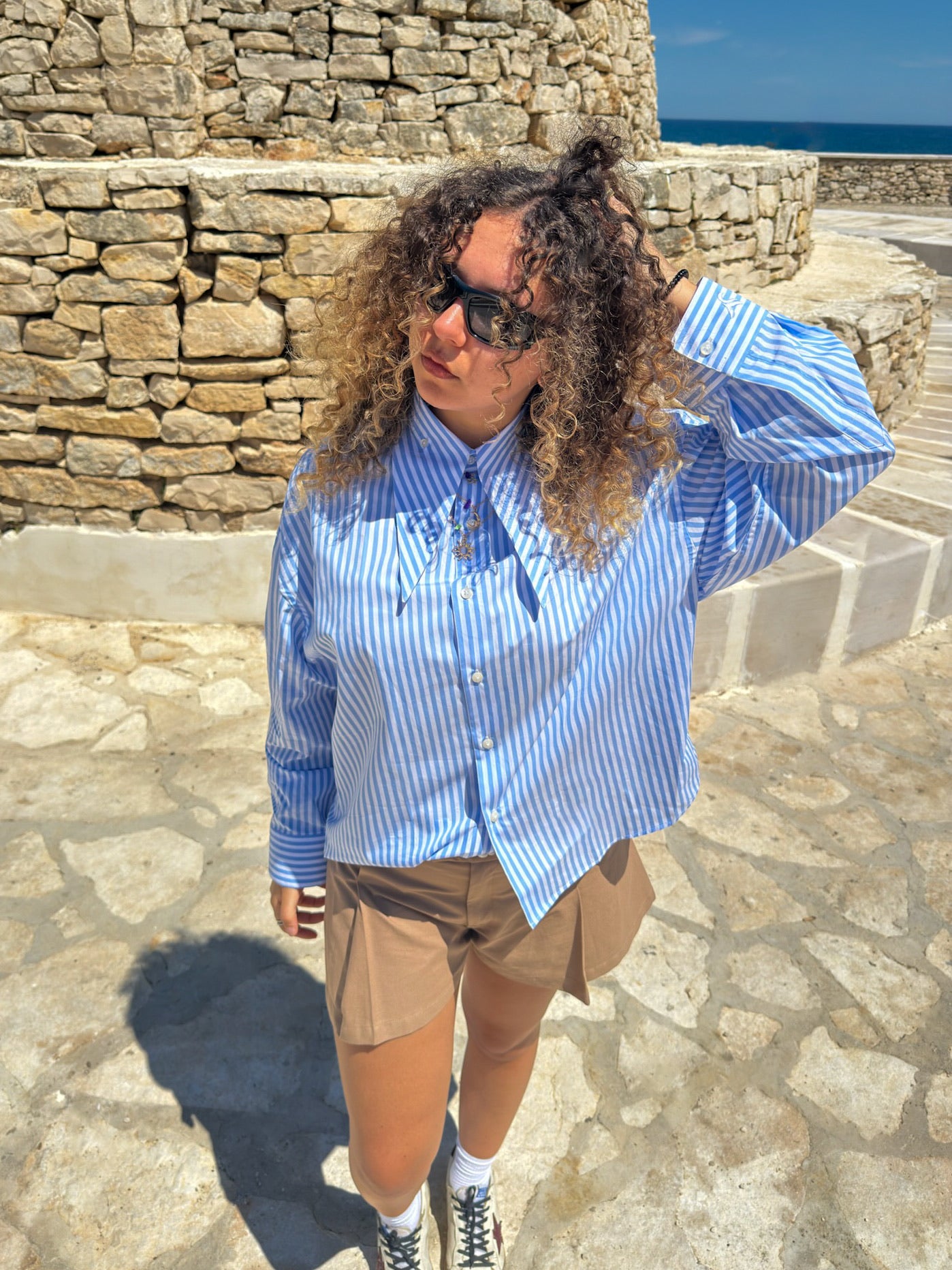 Camicia long collar celeste